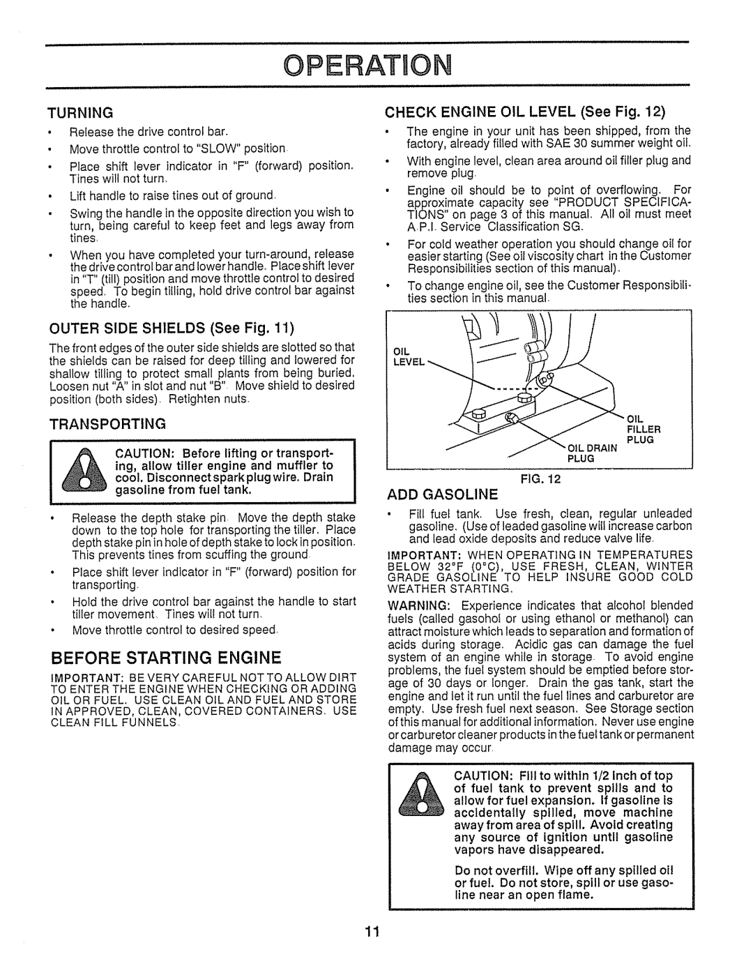 Craftsman 917.29555 manual Operatuon, Turning, Transporting, ADD Gasoline, Before 