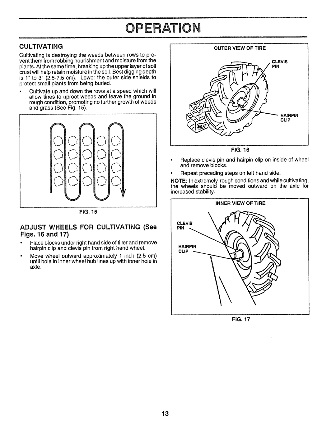 Craftsman 917.29555 manual Operation, Cultivating, Increased stability, Clevis k, Pin 