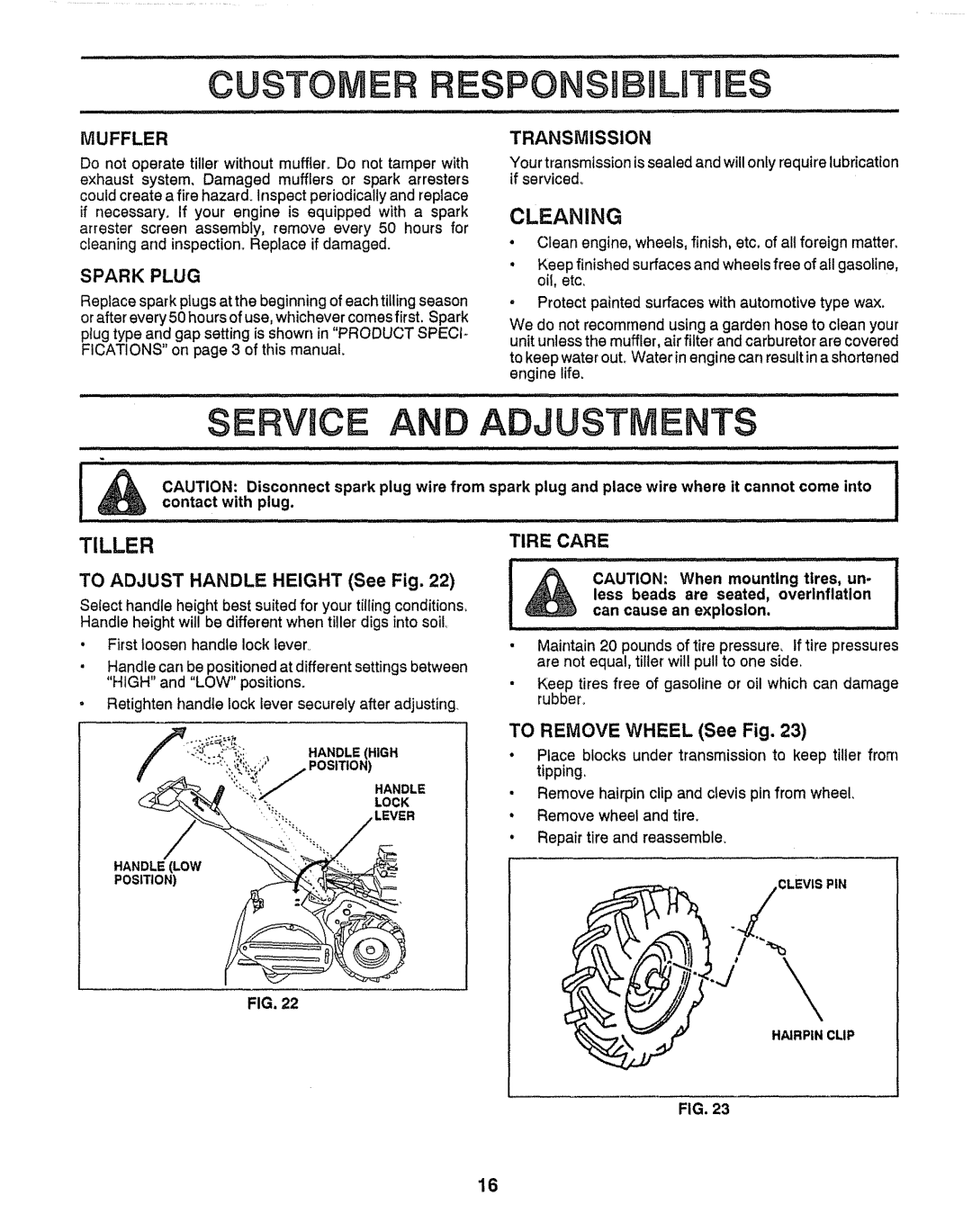 Craftsman 917.29555 manual Service and Adjustments, Muffler, Spark Plug, To Adjust Handle Height See Fig, Tire Care 