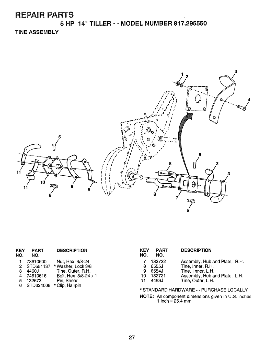 Craftsman 917.29555 manual Tine Assembly, 73610600 