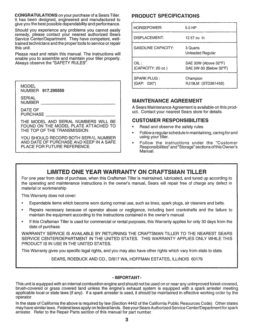 Craftsman 917.29555 manual Product Specifications, Maintenance Agreement, Customer Responsibilities 