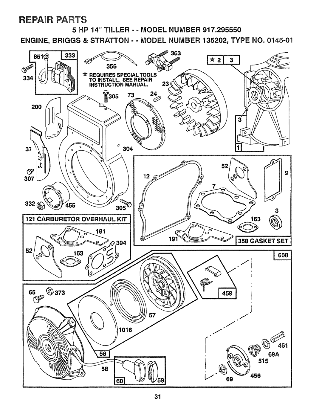 Craftsman 917.29555 manual Carburetor Overhaul KIT, 191, Gasket SET, 163 1016 