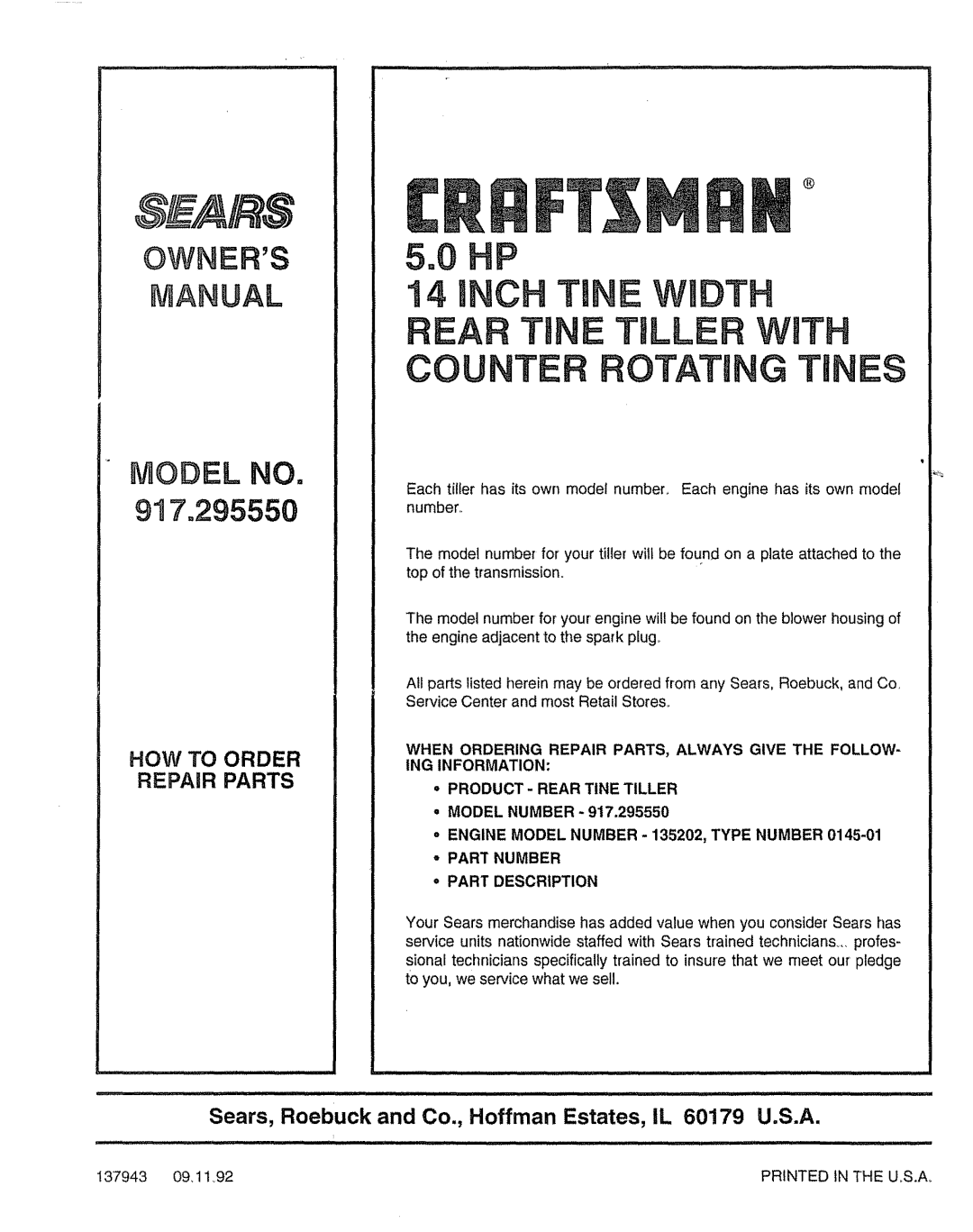 Craftsman 917.29555 manual Counter OTAT! G Tines 