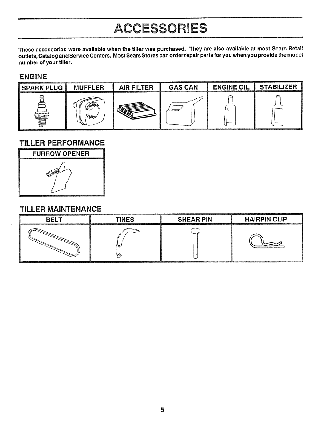 Craftsman 917.29555 manual Accessories, Spark Plug Muffler AIR Filter GAS can Engine OIL Stabilizer, Furrow Opener 