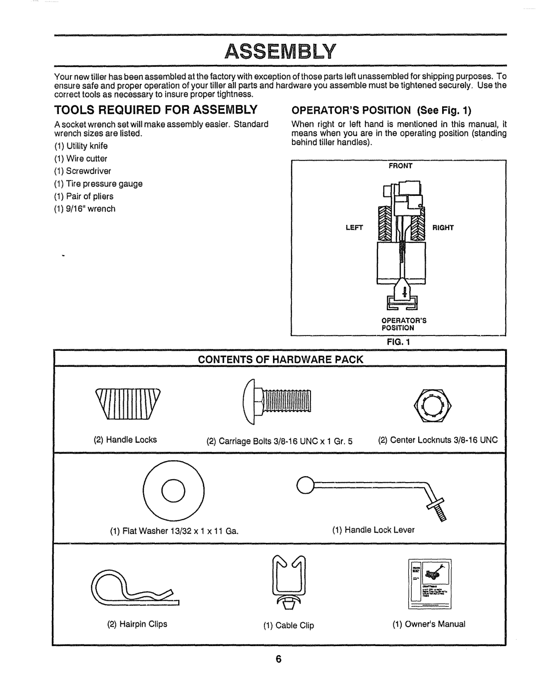 Craftsman 917.29555 manual Assembly, Contents of Hardware Pack 