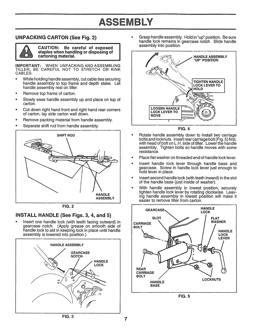 Craftsman 917.29555 manual Unpacking Carton See Fig, Install Handle See Figs , 4 