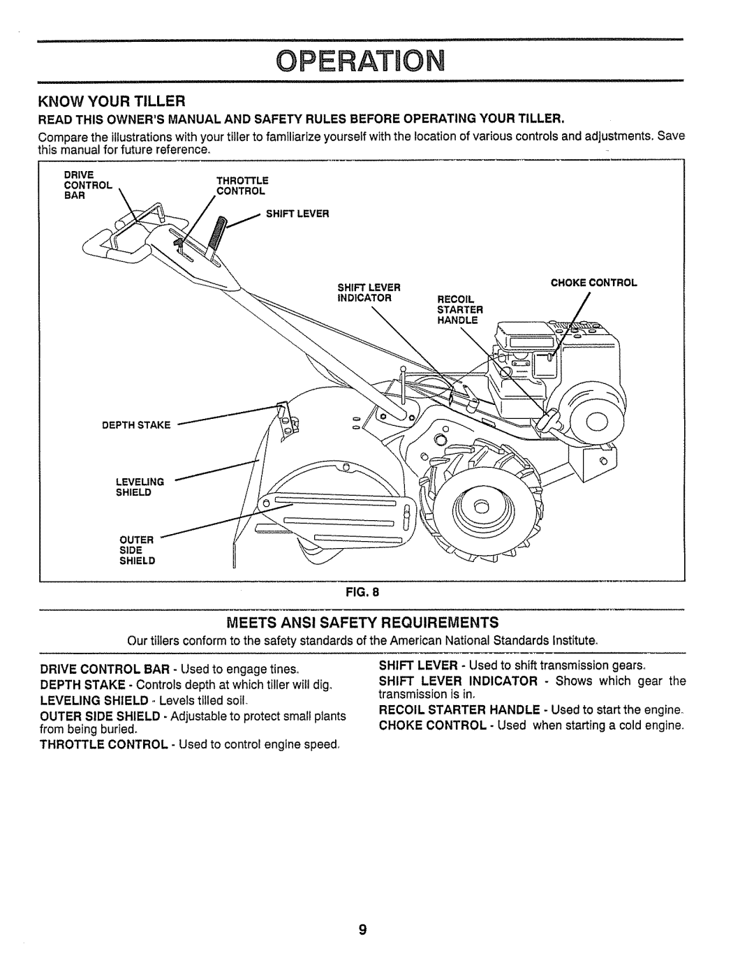 Craftsman 917.29555 manual Meets Ansi Safety Requirements, Shift Lever Indicator Shows which gear the transmission is 