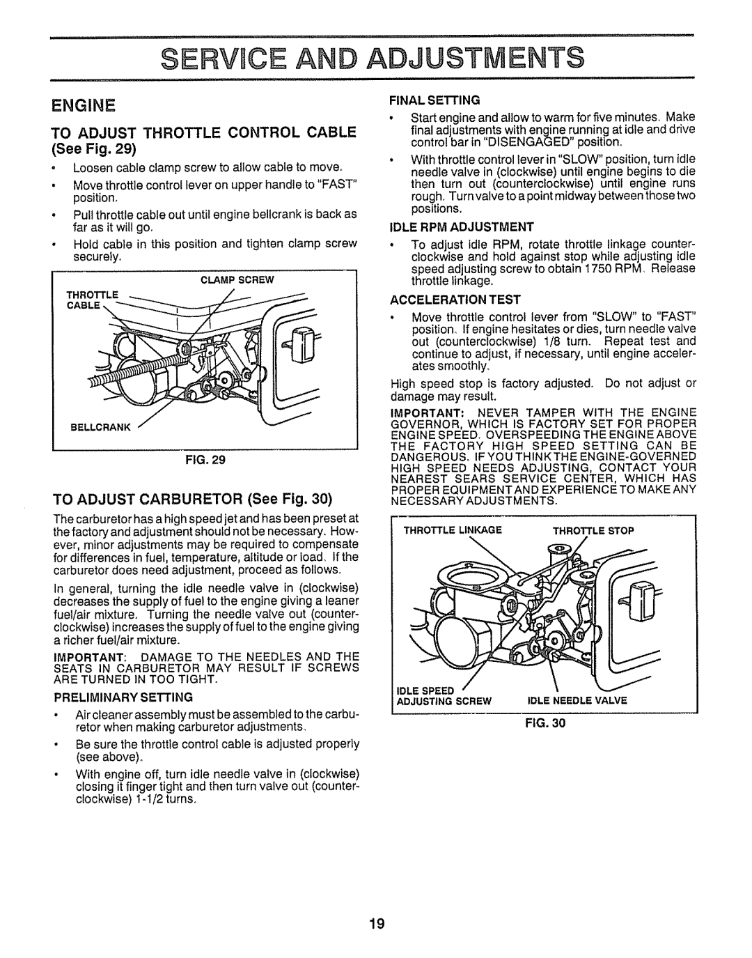 Craftsman 917.29555 Service A, Adjustments, To Adjust Throttle Control Cable, TO ADJUST CARBURETOR See Fig, Engine 