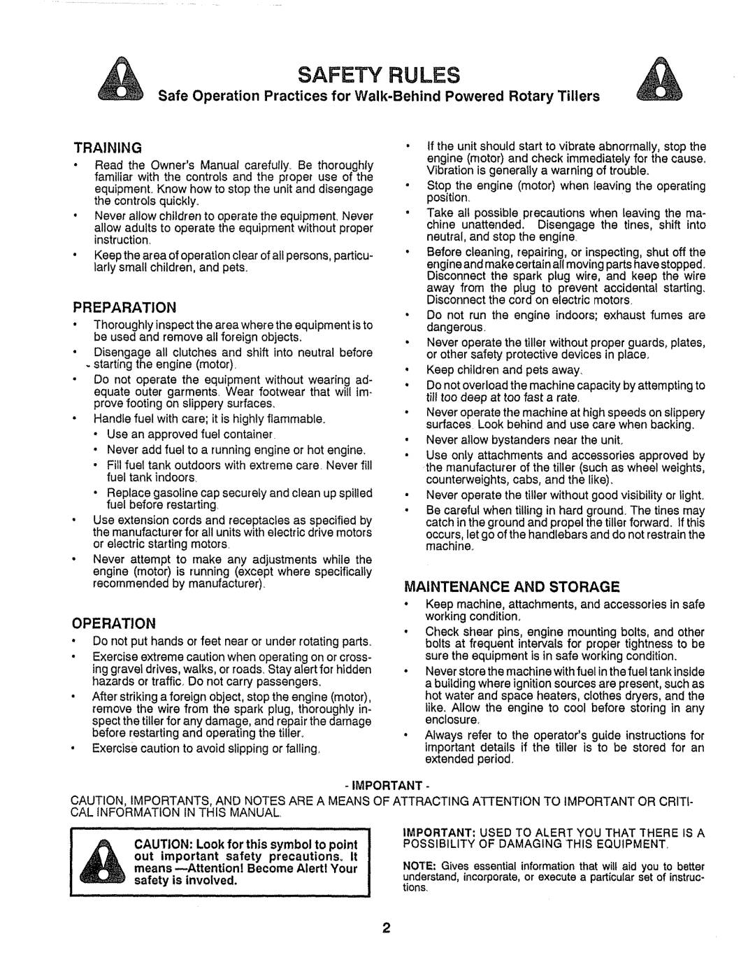 Craftsman 917.29555 manual Safety Rules, Operation, Maintenance And Storage, Training, Preparation 