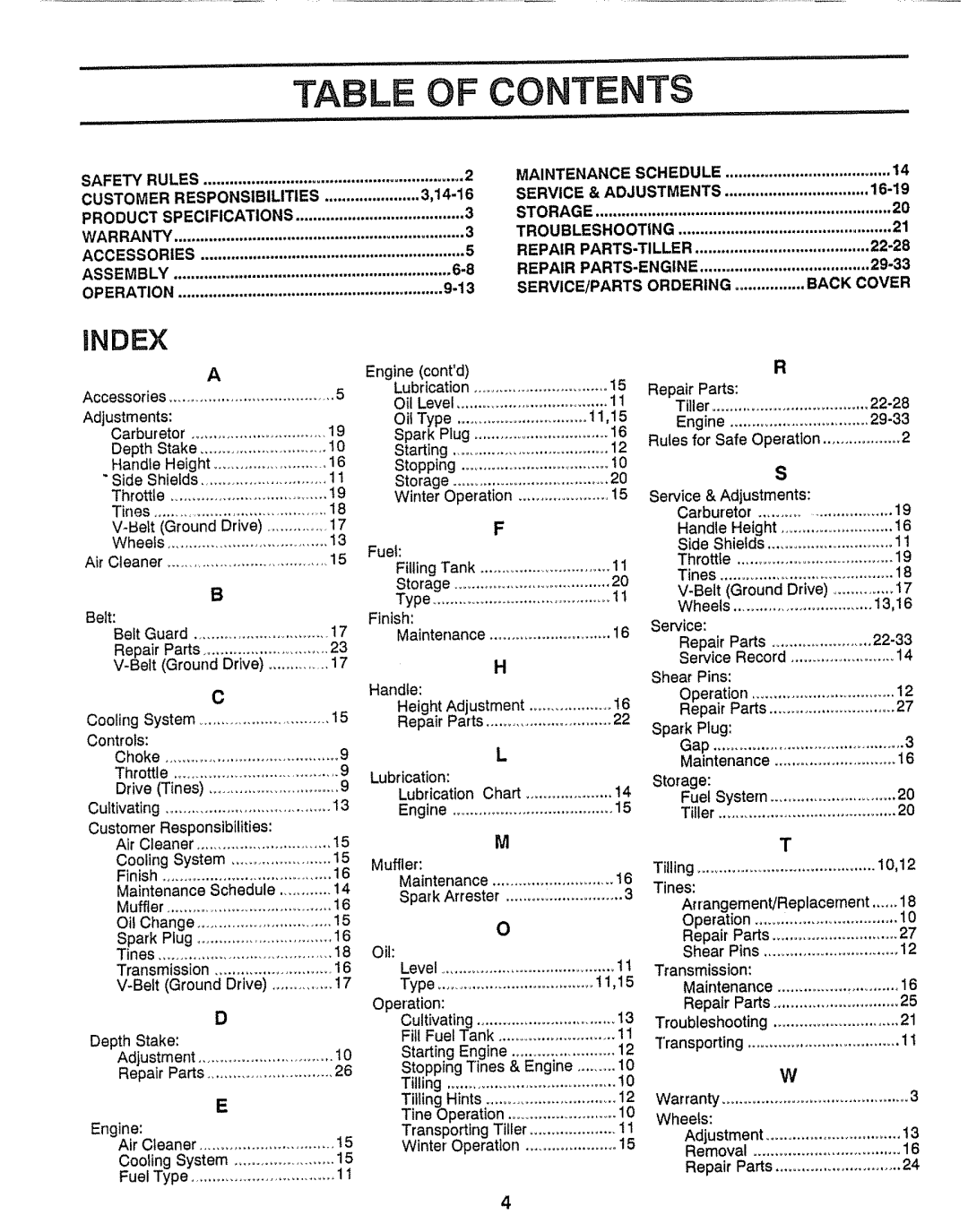 Craftsman 917.29555 manual Index, Product, Fuel, Table Of Contents 