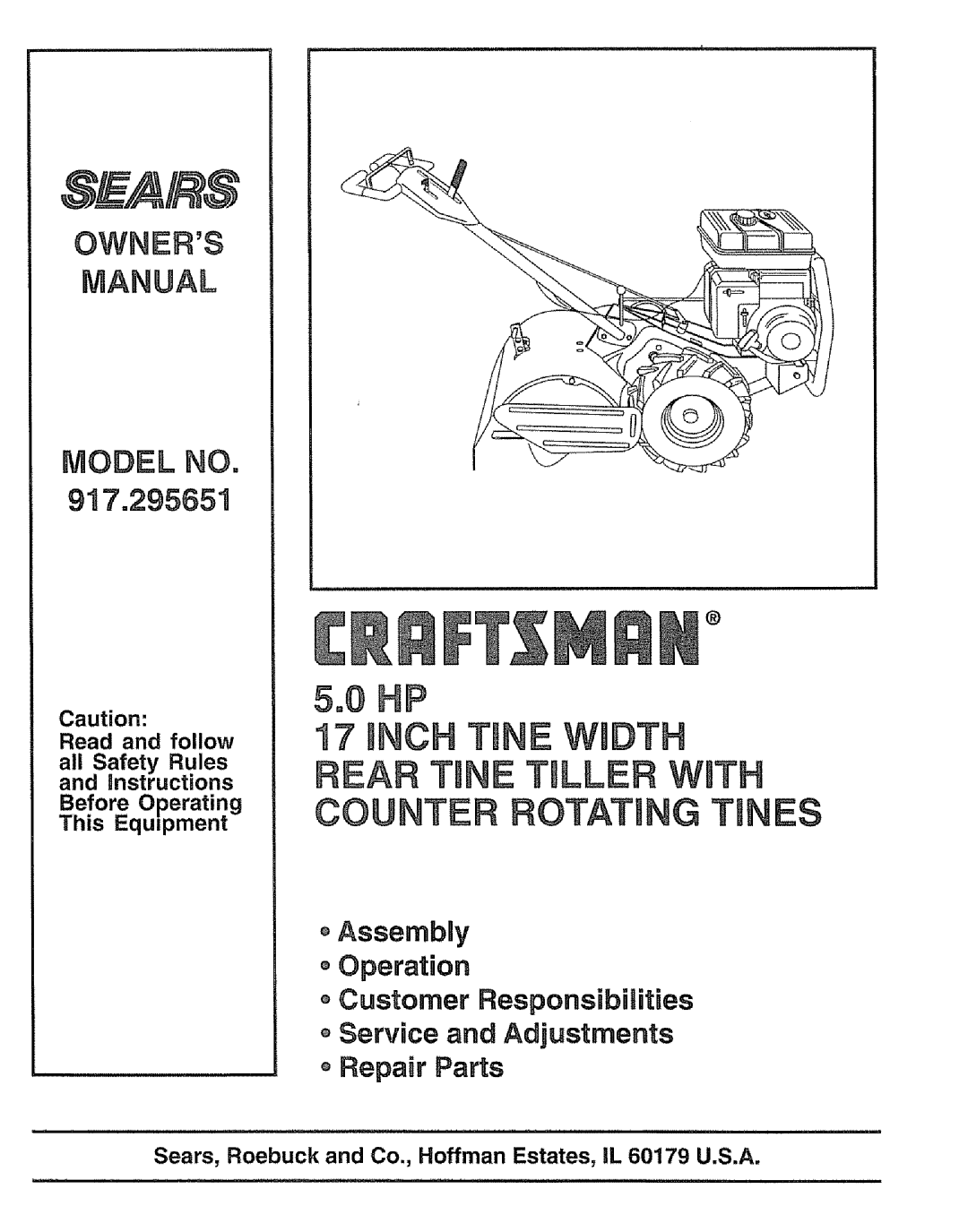 Craftsman 917.295651 manual Inch TmNEWnDTH, Tn Ller with Counter Rotating Tines 