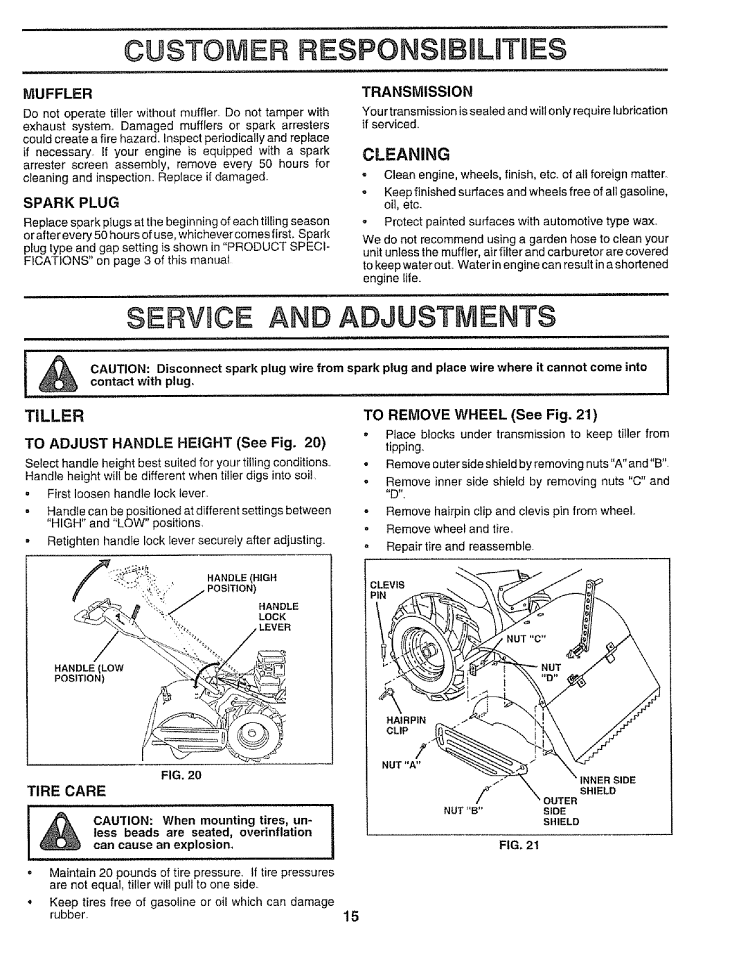 Craftsman 917.295651 manual BaLUTmES, Cleaning, Tiller, Spark Plug, Tire Care 