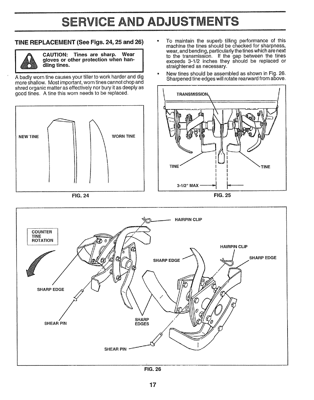 Craftsman 917.295651 manual Tine Replacement See Figs , 25 