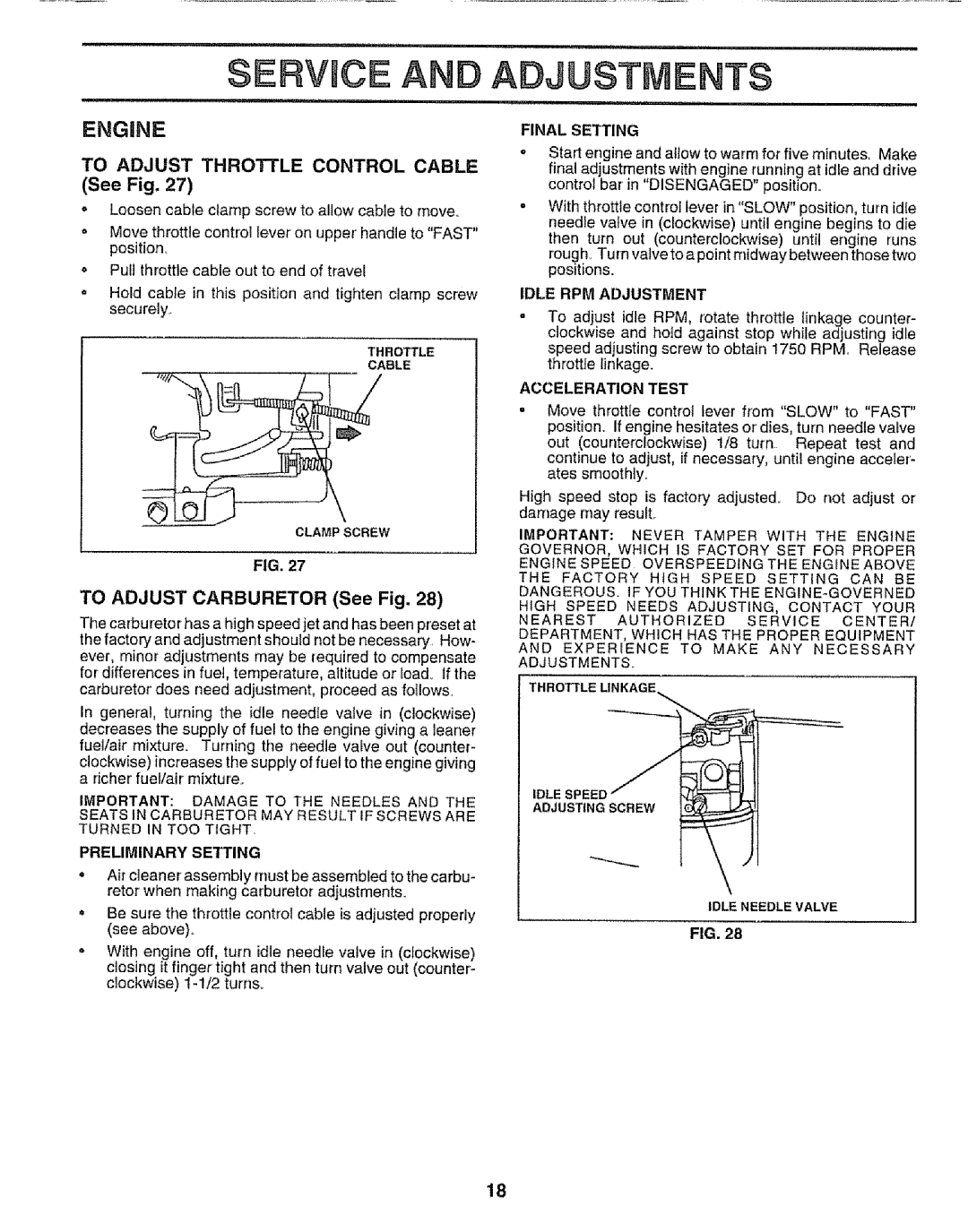 Craftsman 917.295651 manual SERVmCE, To Adjust Carburetor See Fig, To Adjust Thronle Control Cable, Preliminary Setting 