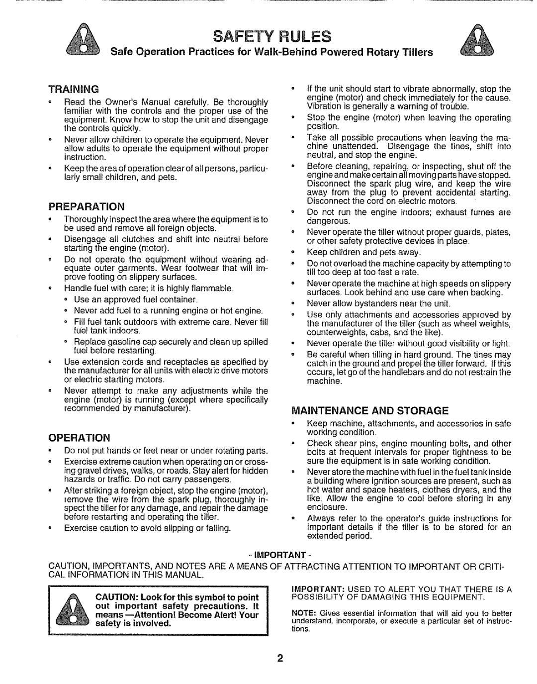 Craftsman 917.295651 manual Preparation, Operation, Maintenance and Storage 