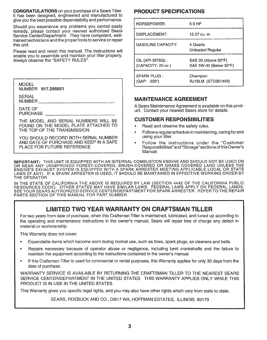 Craftsman 917.295651 manual Product Specifications, Customer Responsibilities, RJ19LM STD361458, Maintenance Agreement 