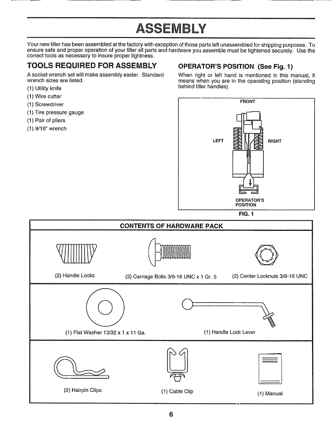 Craftsman 917.295651 manual Tools Required for Assembly, Contents of Hardware Pack 