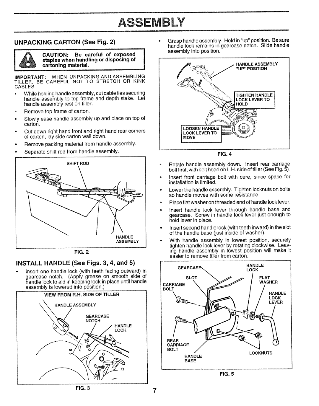 Craftsman 917.295651 manual Unpacking Carton See Fig, Install Handle See Figs , 4, View from R,H, Side of Tiller 