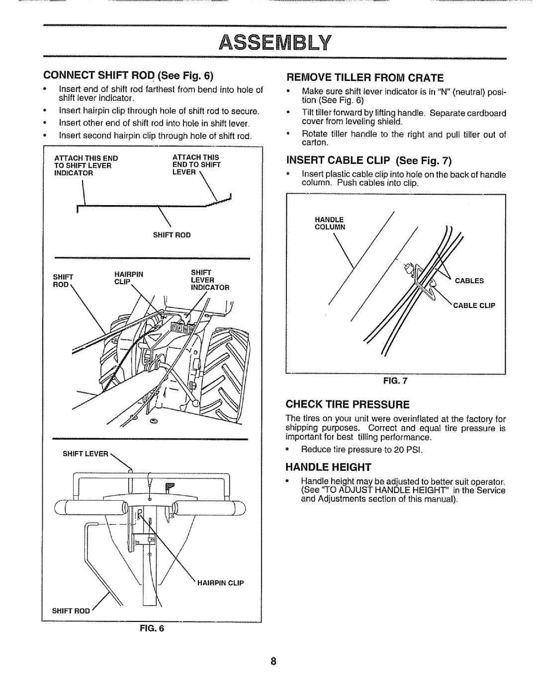 Craftsman 917.295651 Connect Shift RO D See Fig, Remove Tiller from Crate, Insert Cable Clip See Fig, Check Tire Pressure 