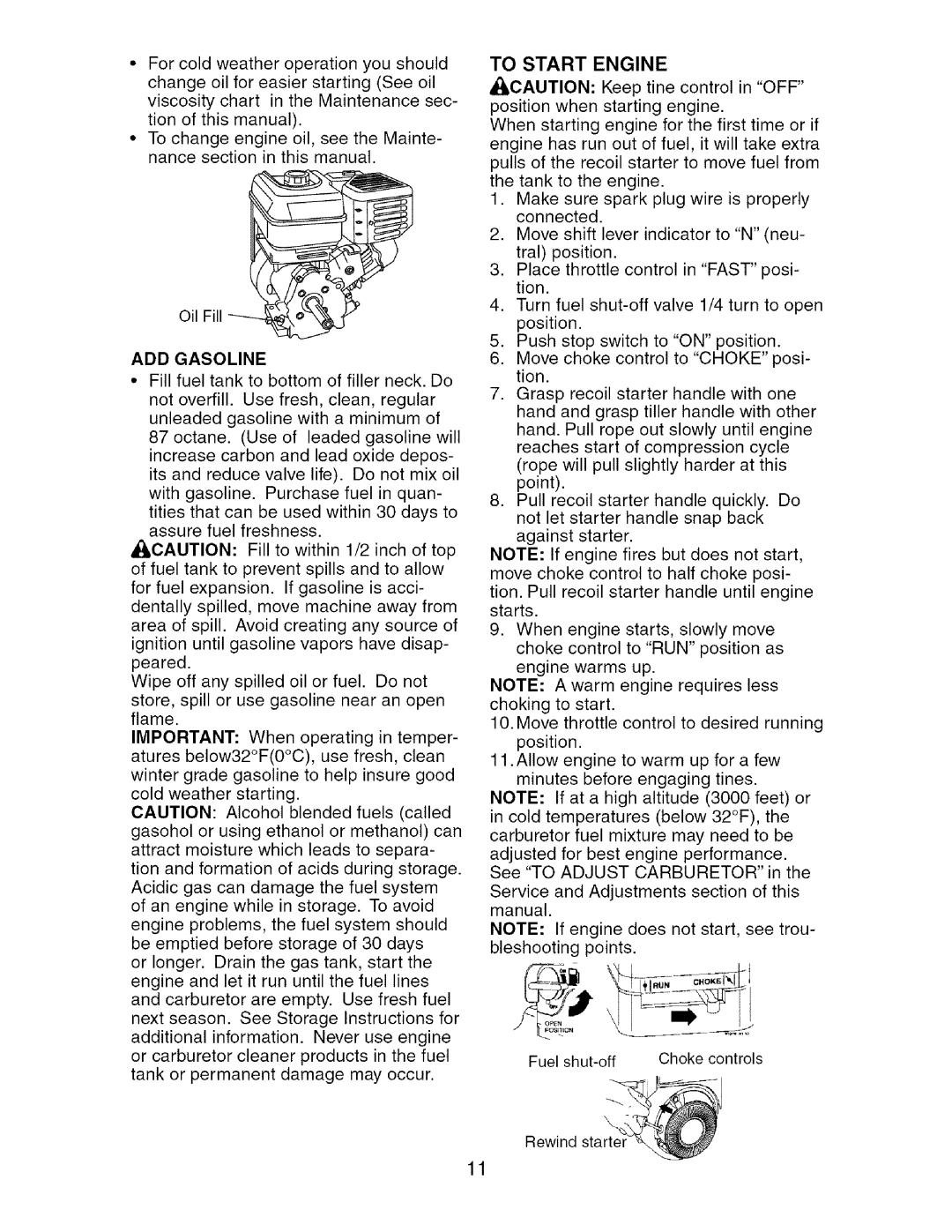 Craftsman 917.29604 owner manual ADD Gasoline, To Start Engine 