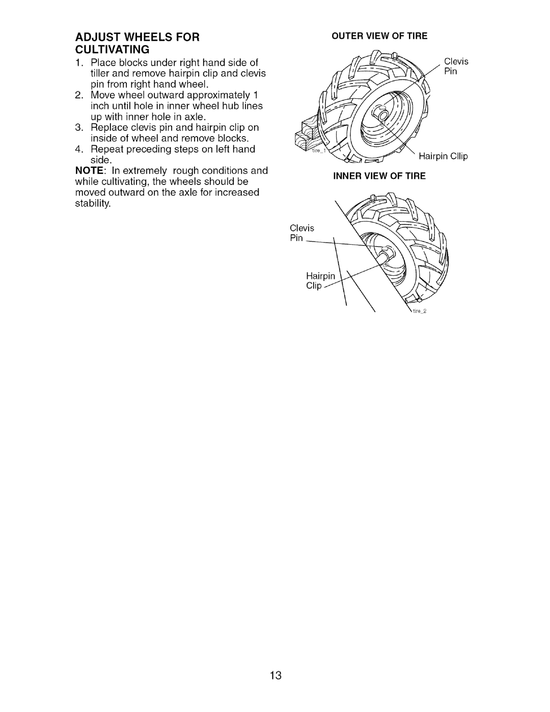 Craftsman 917.29604 owner manual Adjust Wheels for Cultivating, Outer View of Tire, Inner View of Tire 