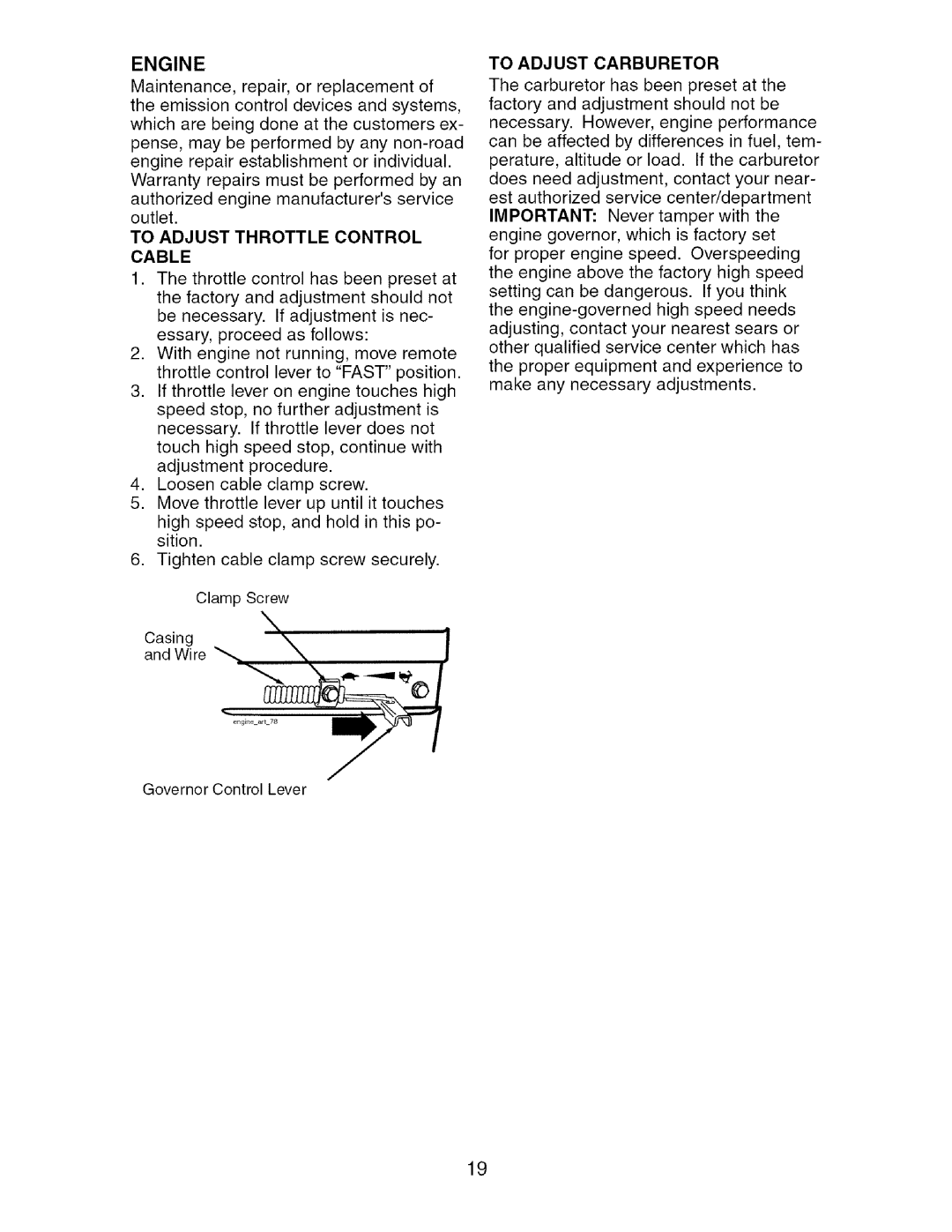 Craftsman 917.29604 owner manual Engine, To Adjust Throttle Control Cable, To Adjust Carburetor 