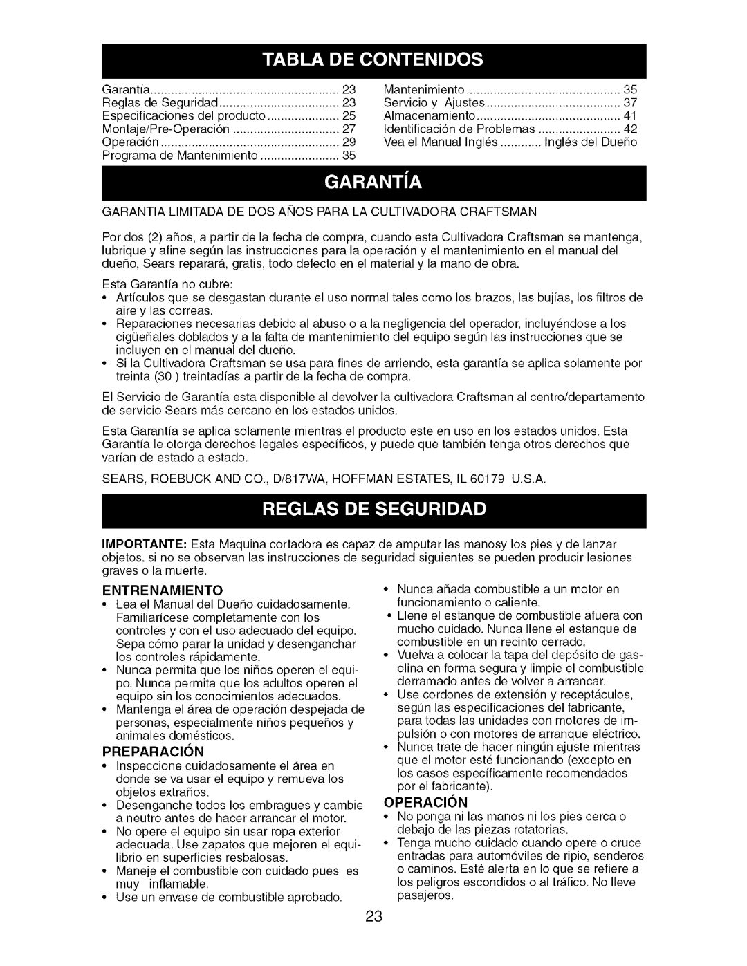 Craftsman 917.29604 owner manual Garantia Limitada DE DOS Anos Para LA Cultivadora Craftsman, Entrenamiento, OPERACI3N 