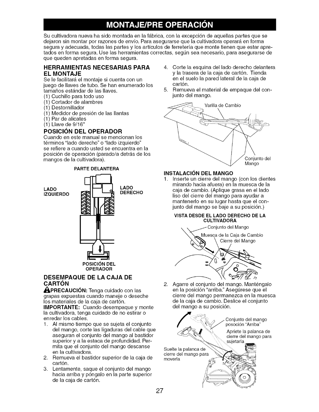 Craftsman 917.29604 Herramientas Necesarias Para EL Montaje, Posicion DEL Operador, Desempaque DE LA Caja DE Carton 