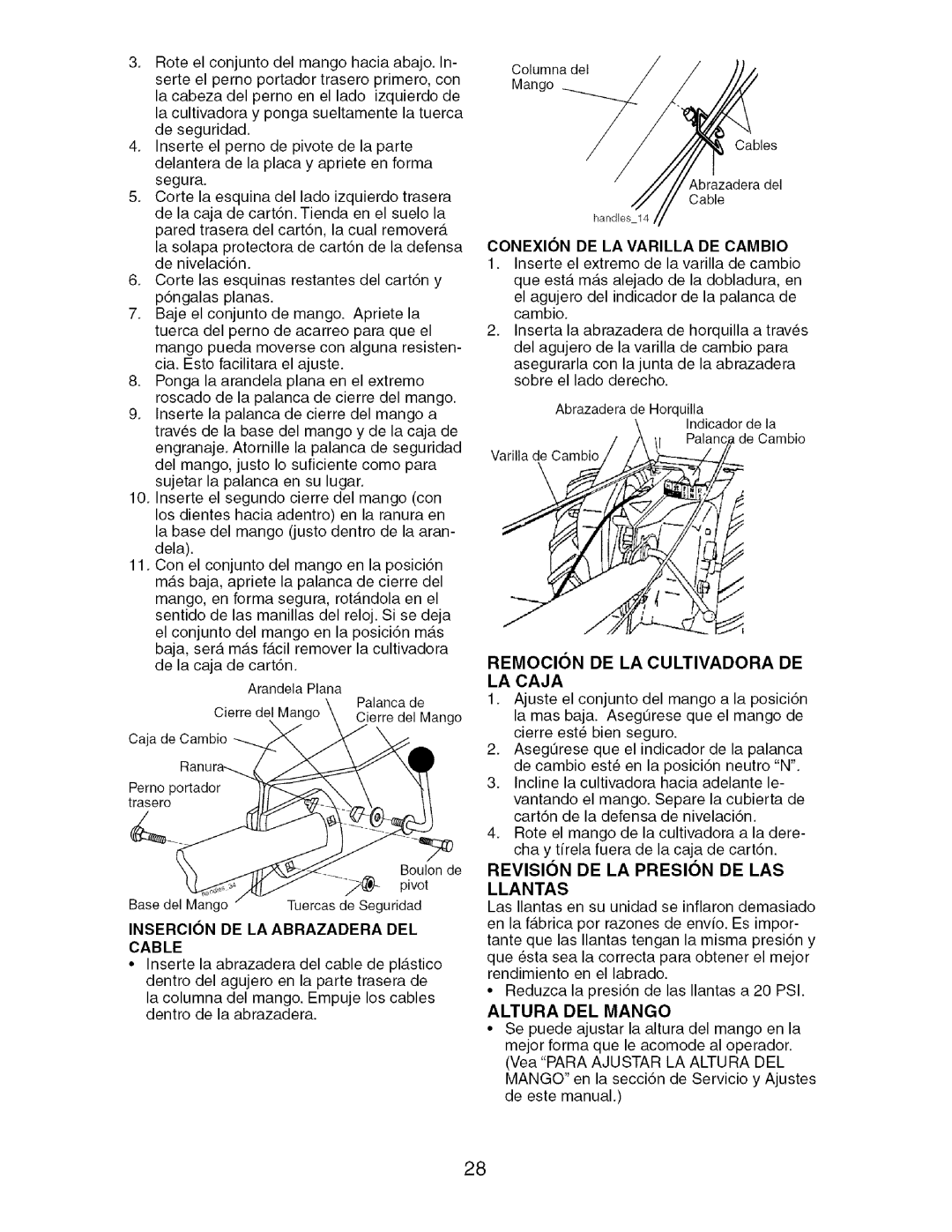 Craftsman 917.29604 Insercion DE LA Abrazadera DEL Cable, Remocion DE LA Cultivadora DE LA Caja, Altura DEL Mango 