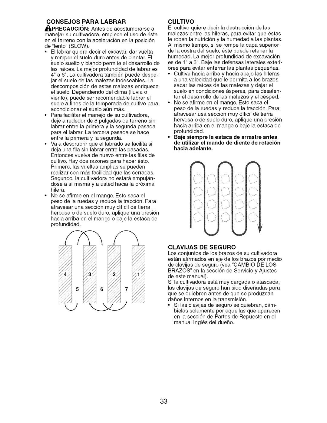 Craftsman 917.29604 owner manual Consejos Para Labrar, Cultivo, Clavijas DE Seguro 