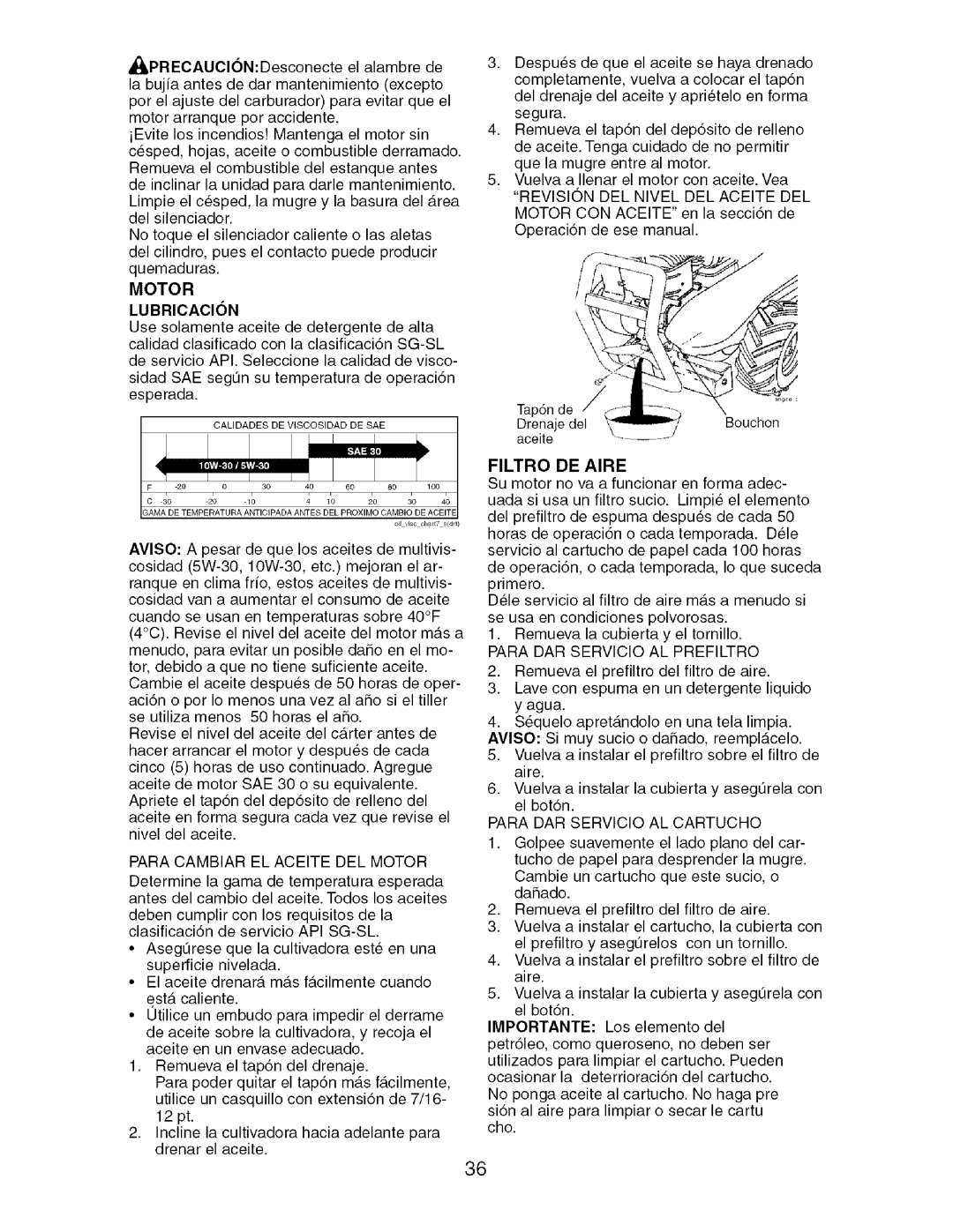 Craftsman 917.29604 owner manual Para Cambiar EL Aceite DEL Motor, Filtro DE Aire, Para DAR Servicio AL Prefiltro 