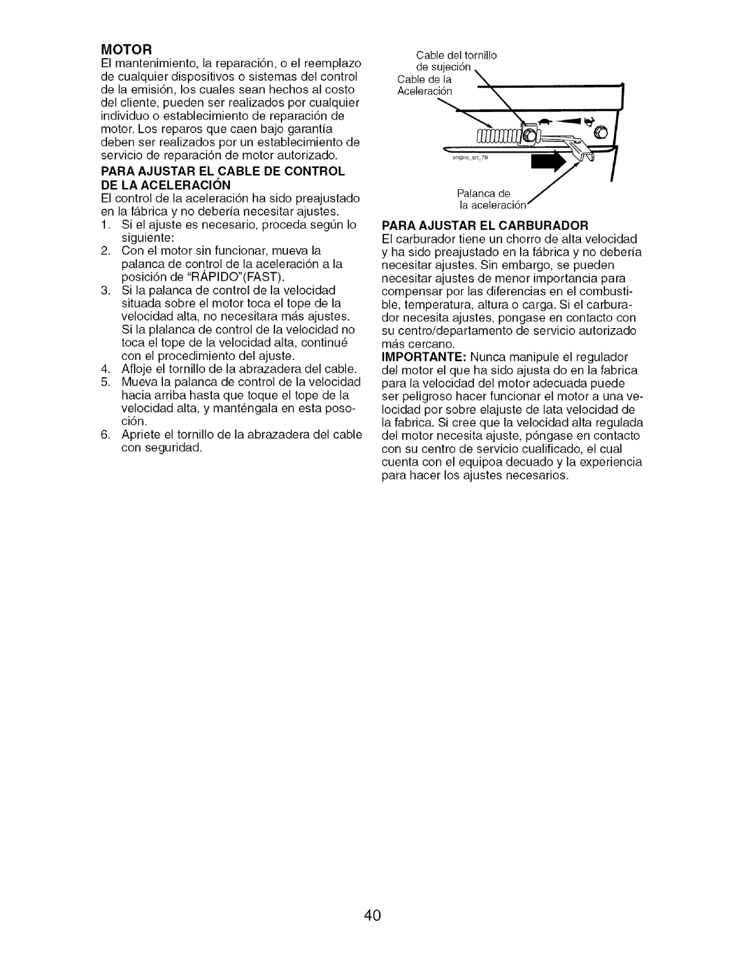 Craftsman 917.29604 owner manual Motor, Para Ajustar EL Cable DE Control DE LA Aceleracion, Para Ajustar EL Carburador 