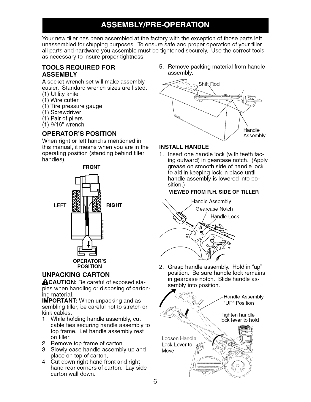 Craftsman 917.29604 owner manual Tools Required for Assembly, Operators Position, Front, Install Handle, Unpacking Carton 