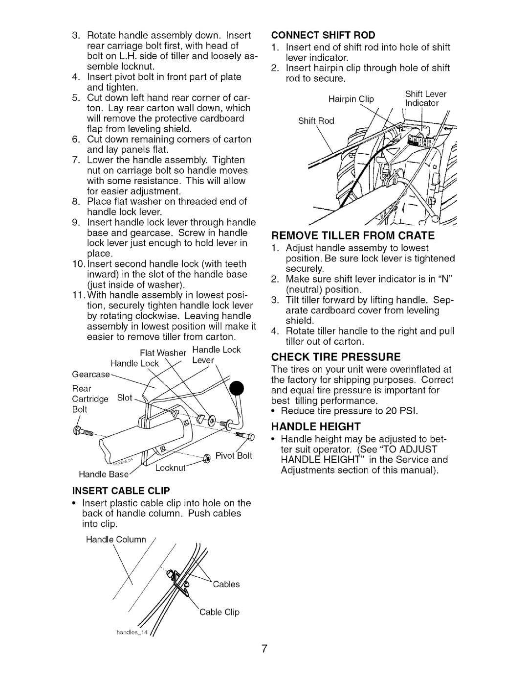 Craftsman 917.29604 Insert Cable Clip, Connect Shift ROD, Remove Tiller from Crate, Check Tire Pressure, Handle Height 