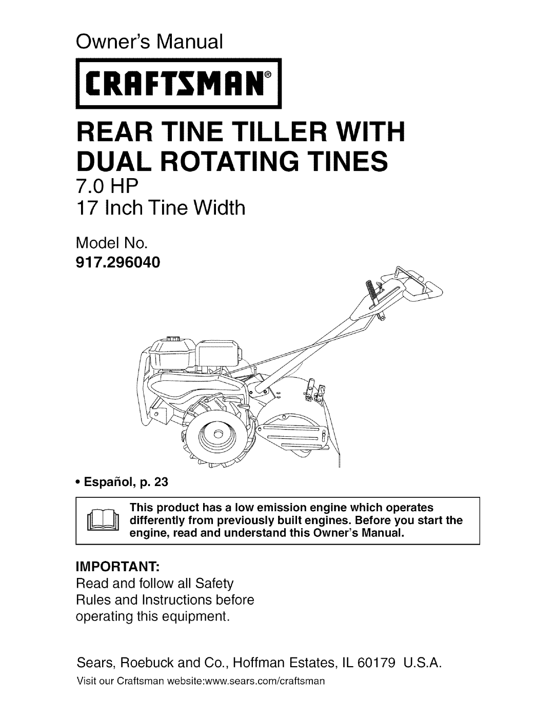 Craftsman owner manual Rear Tine Tiller With, Owners Manual, Model No, 917.296040, • Espahol, p, Craftsman, O Hp 