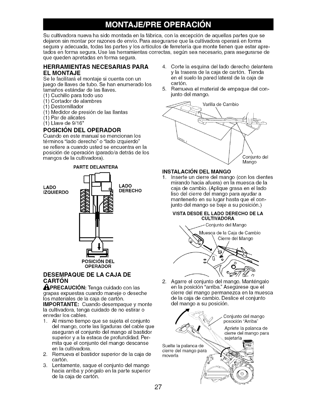 Craftsman 917.29604 Herramientas Necesarias Para El Montaje, Posicion Del Operador, Desempaque De La Caja De Carton 
