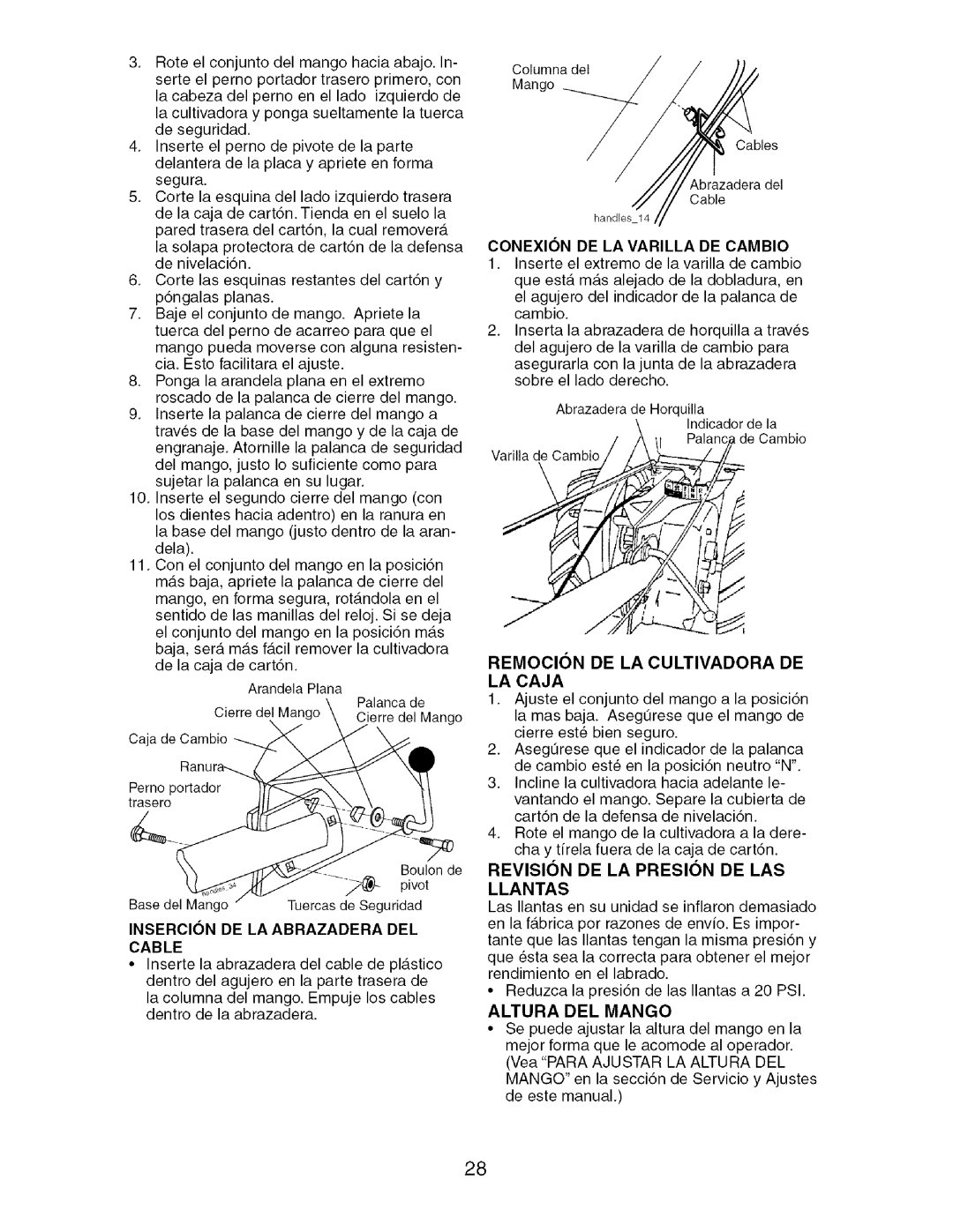 Craftsman 917.29604 owner manual Insercion De La Abrazadera Del Cable, Remocion De La Cultivadora De La Caja 