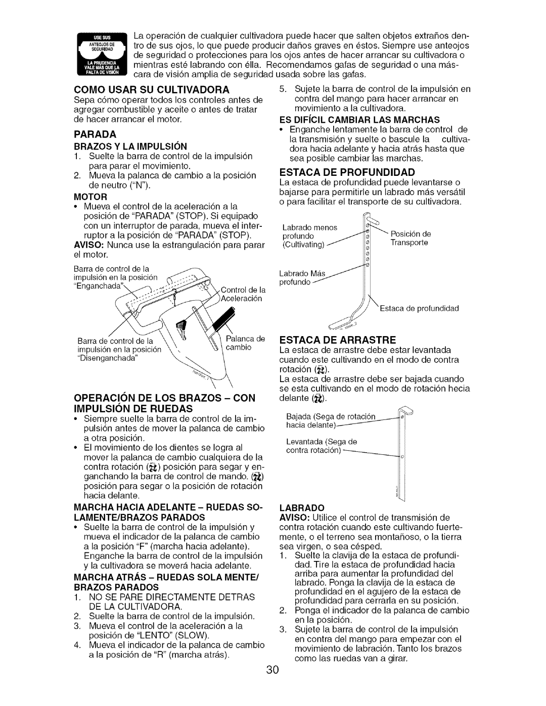 Craftsman 917.29604 owner manual Impulsion De Ruedas, Como Usar Su Cultivadora, Parada Brazos Y La Impulsion 