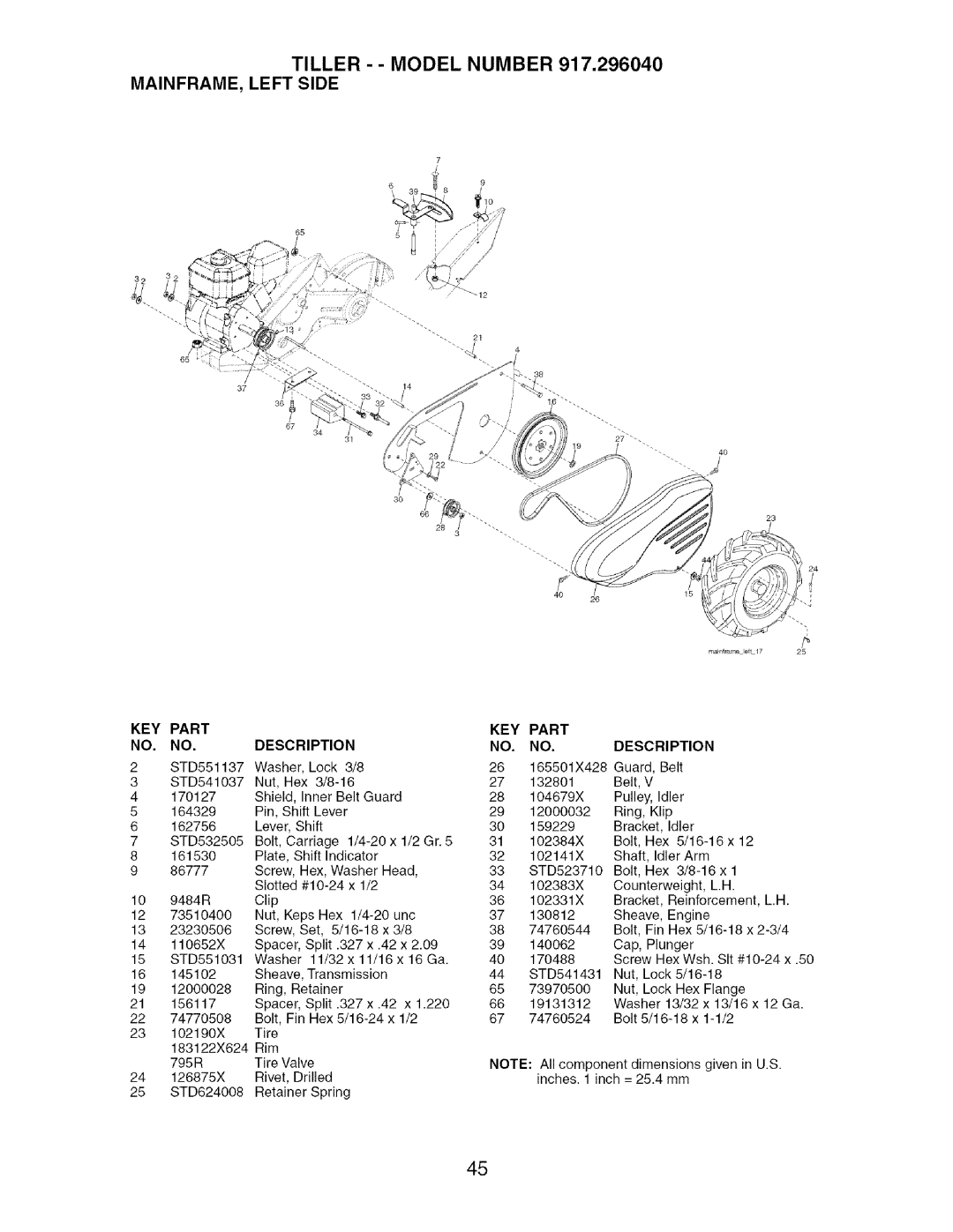 Craftsman 917.29604 owner manual Tiller - - Model Number Mainframe, Left Side, Part, Description 