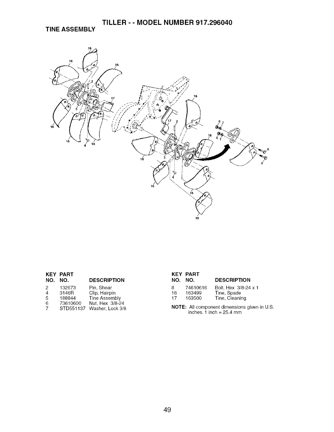 Craftsman 917.29604 owner manual Tiller - - Model Number Tine Assembly, Key Part No. No.Description 