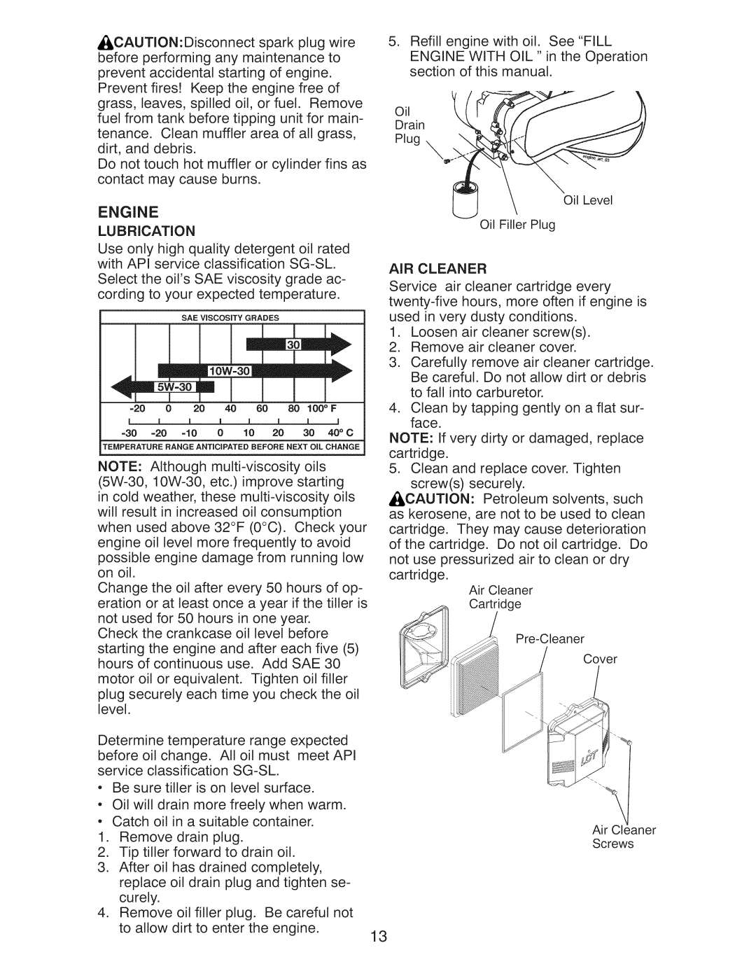 Craftsman 917.29921 owner manual Engine Lubrication, Sw-3o,mI, AIR Cleaner, Level, Ail Ceaner 