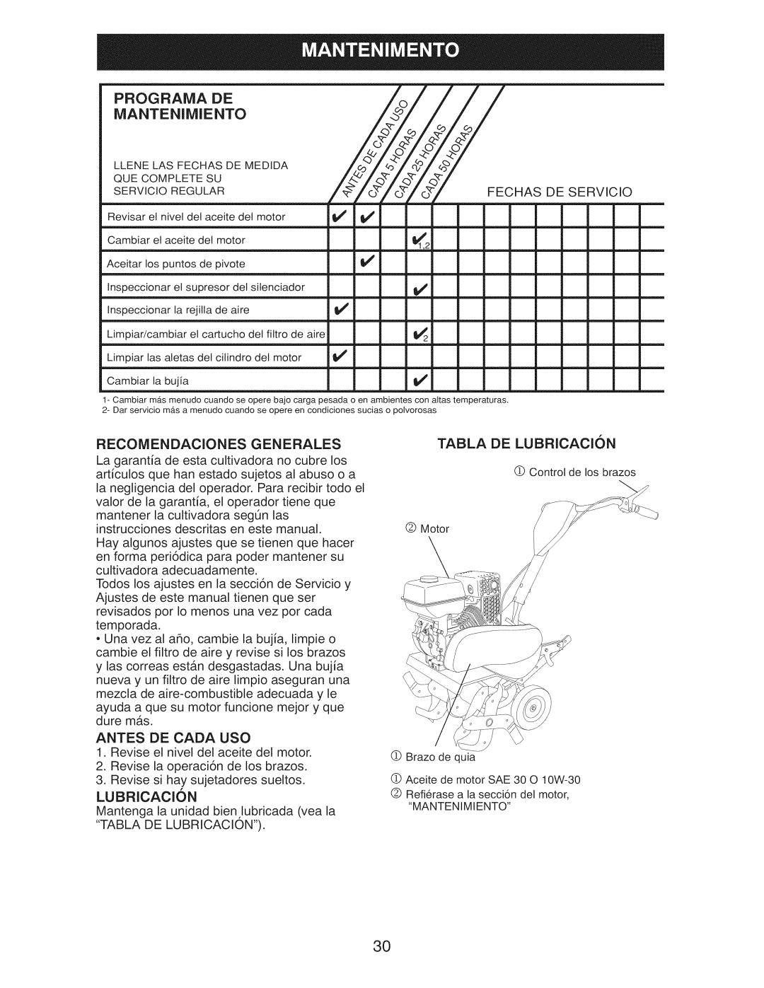 Craftsman 917.29921 owner manual Programa DE Mantenimiento, Recomendaciones Generales, Antes DE Cada USO, Lubricacion 