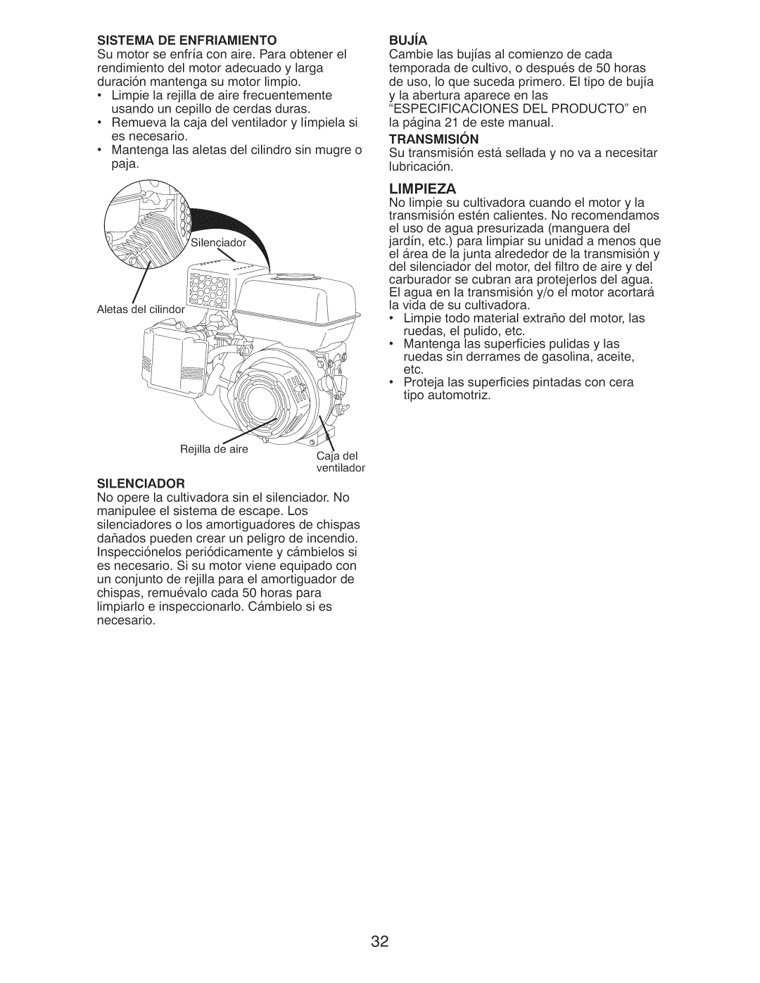 Craftsman 917.29921 owner manual Sistema DE Enfriamiento, Silenciador, Transmision, Limpieza 