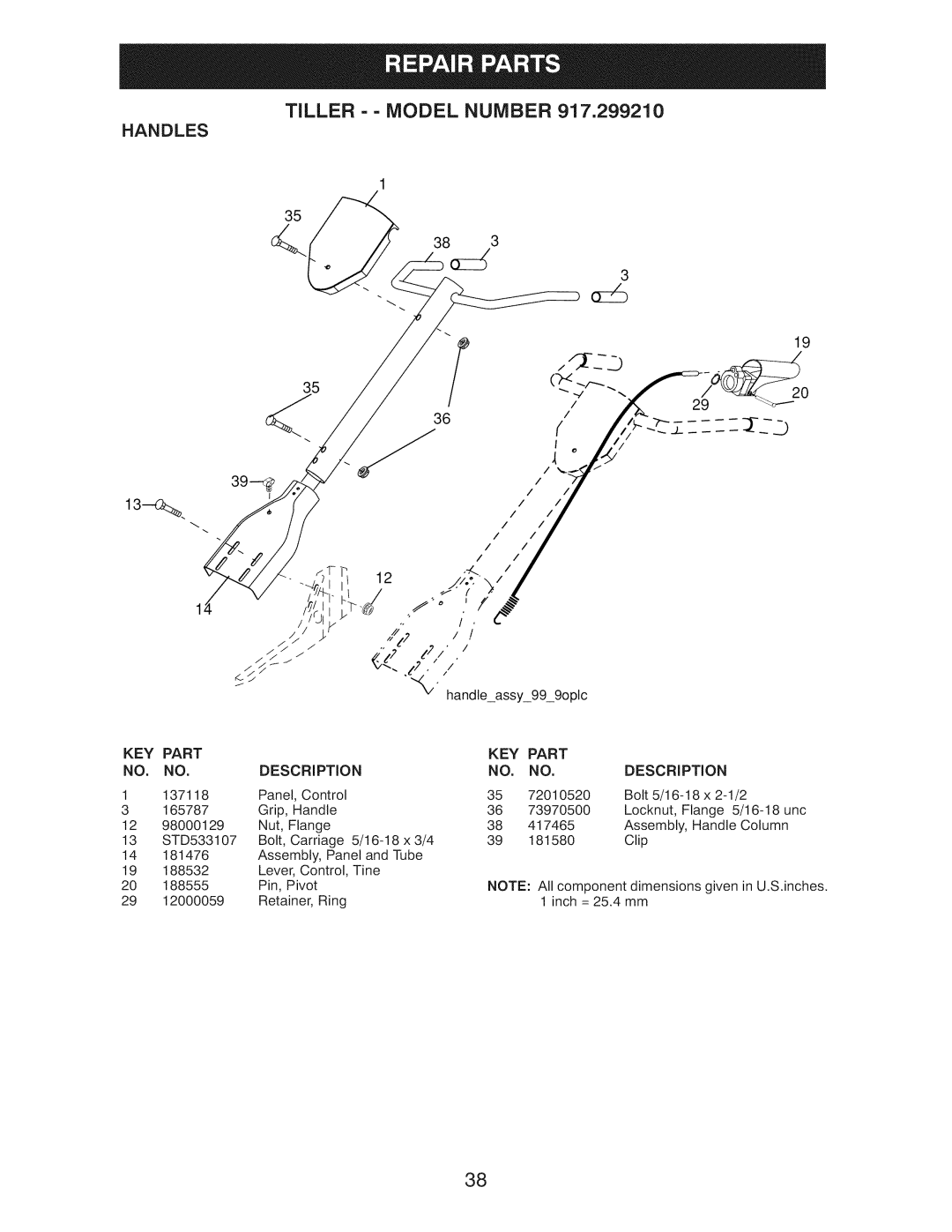 Craftsman 917.29921 owner manual Handles, KEY Part NO. no, Key, Description 