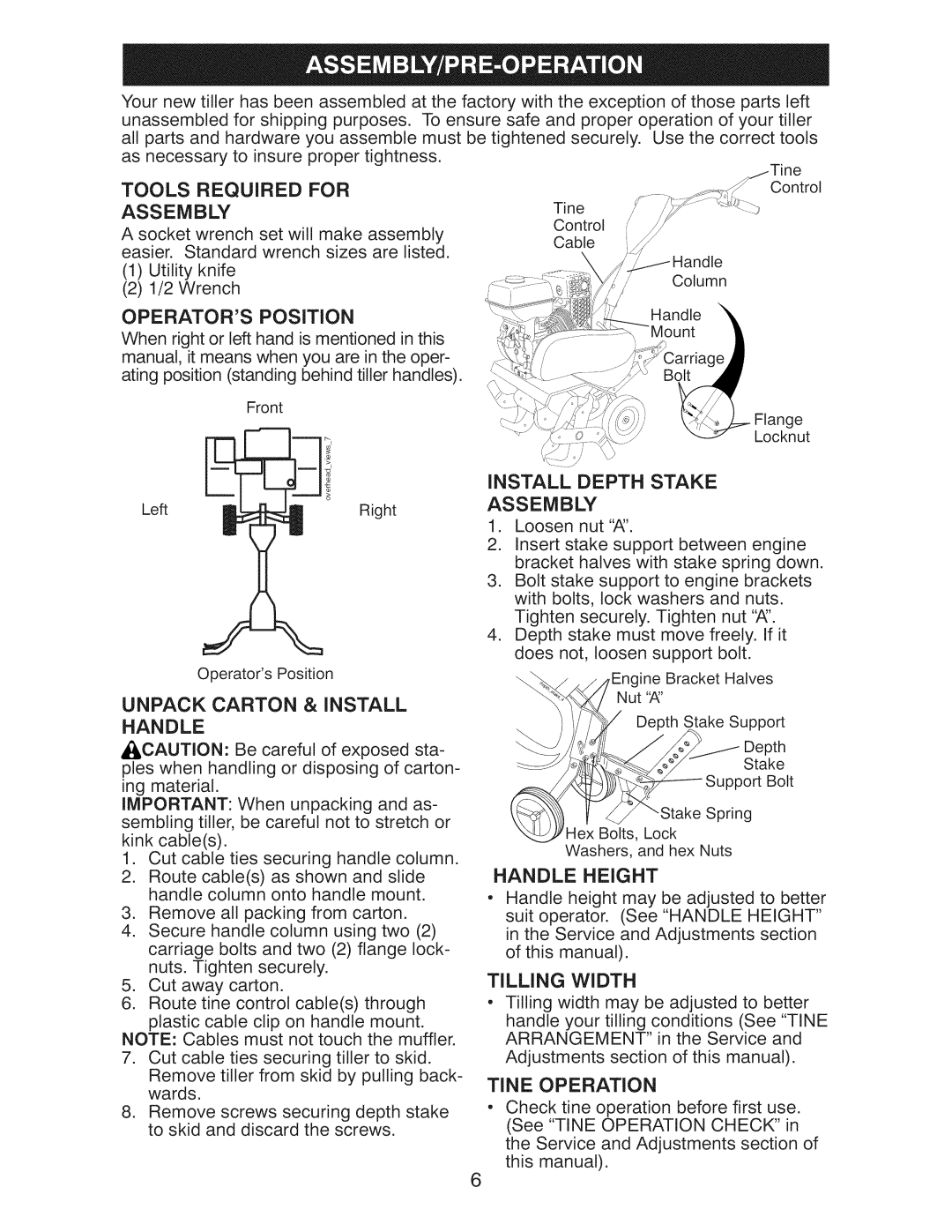 Craftsman 917.29921 Tools Required for Assembly, Operators Position, Unpack Carton & Install Handle, Tilling Width 