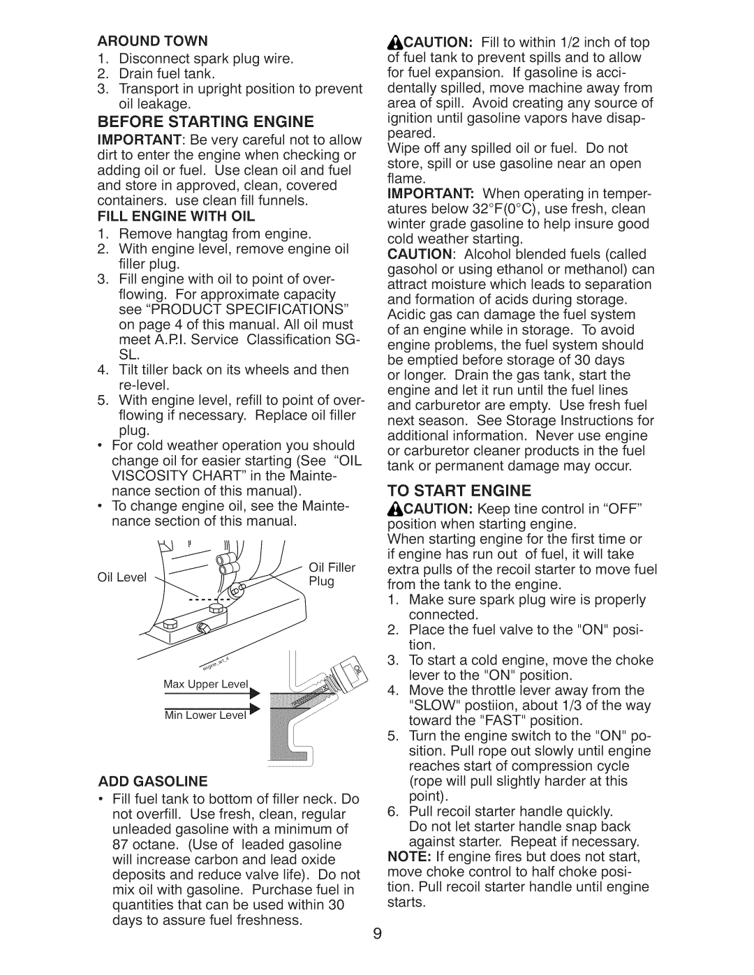 Craftsman 917.29921 owner manual Before Starting Engine, Fill Engine with OIL, ADD Gasoline, To Start Engine 