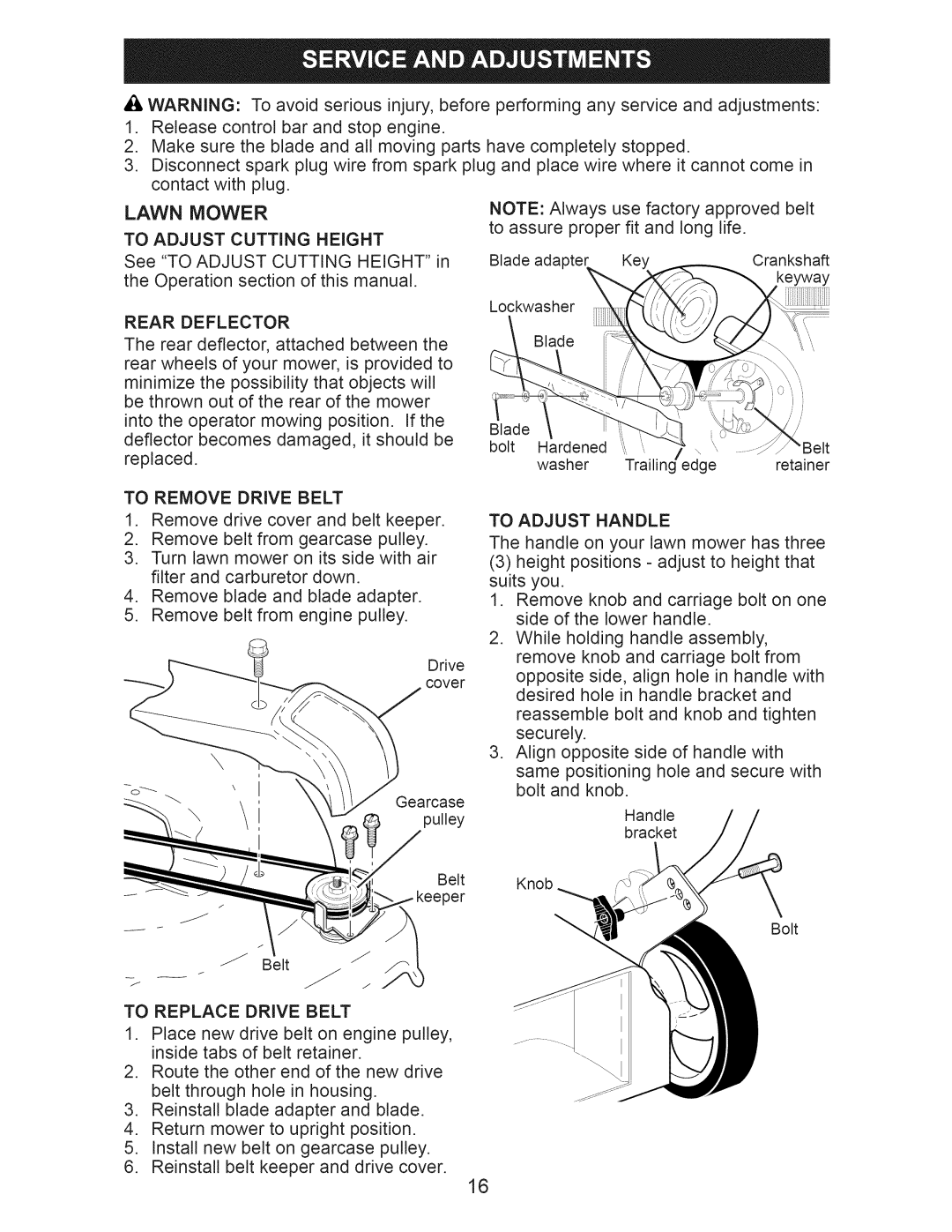 Craftsman 917.370610 Lawn Mower To Adjust Cutting Height, Rear Deflector, To Remove Drive Belt, To Replace Drive Belt 