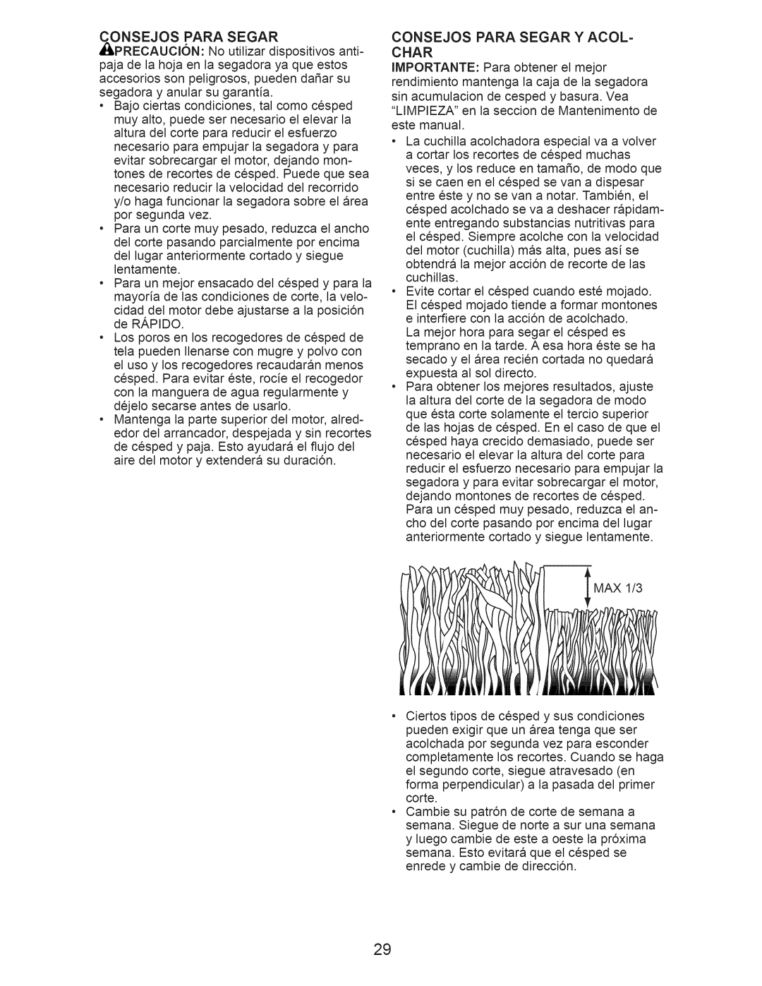 Craftsman 917.370610 owner manual Onsejos Para Segar, Consejos Para Segar Y ACOL- Char 