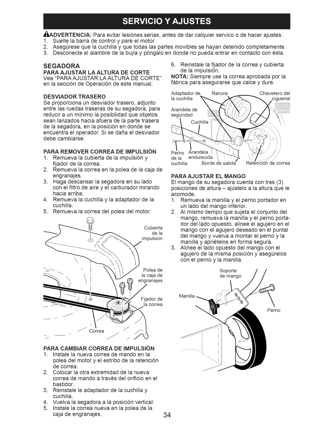 Craftsman 917.370610 owner manual Desviador Trasero, Para Remover Correa DE IMPULSI6N, Para Ajustar EL Mango 