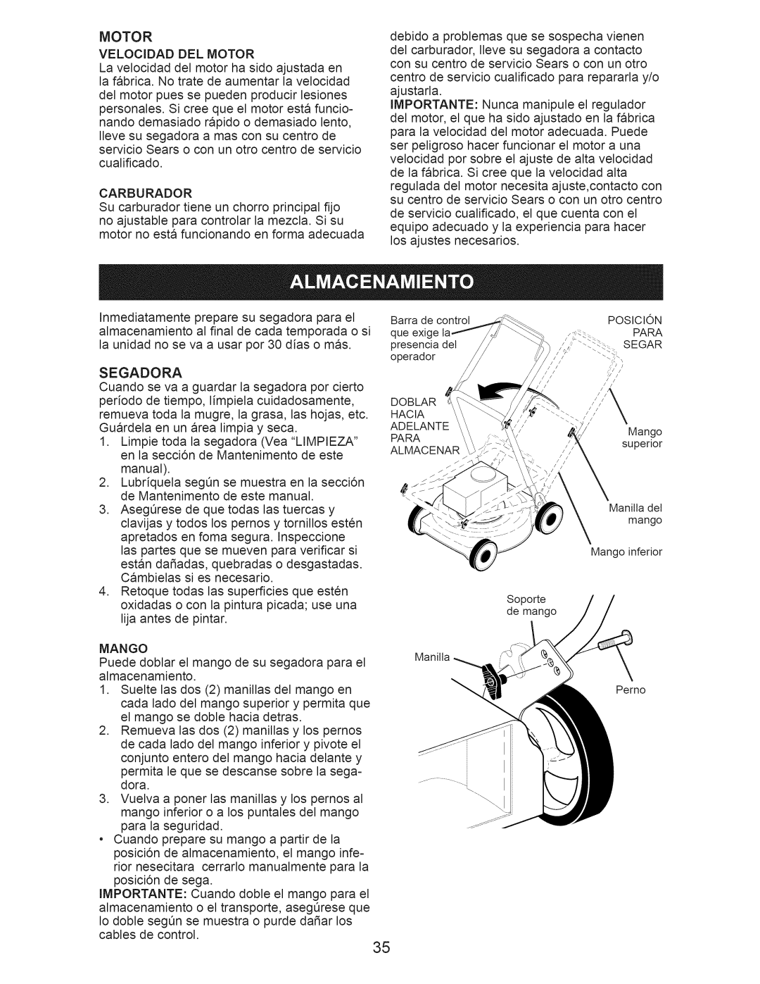 Craftsman 917.370610 owner manual Motor Velocidad DEL Motor, Carburador, Segar 